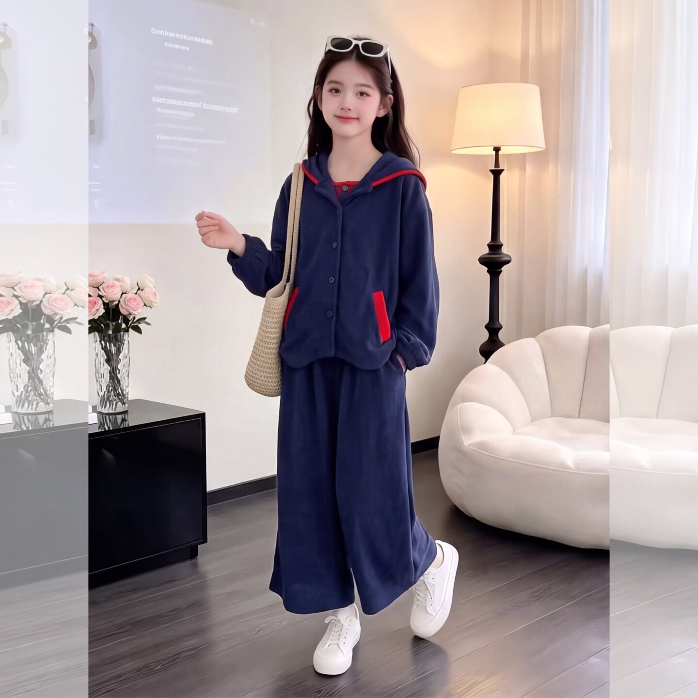 女童韩版慵懒风撞色外套阔腿裤套