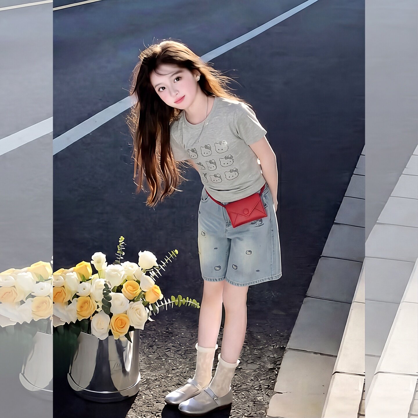 女童夏装网红KT猫亮片短袖T恤套4