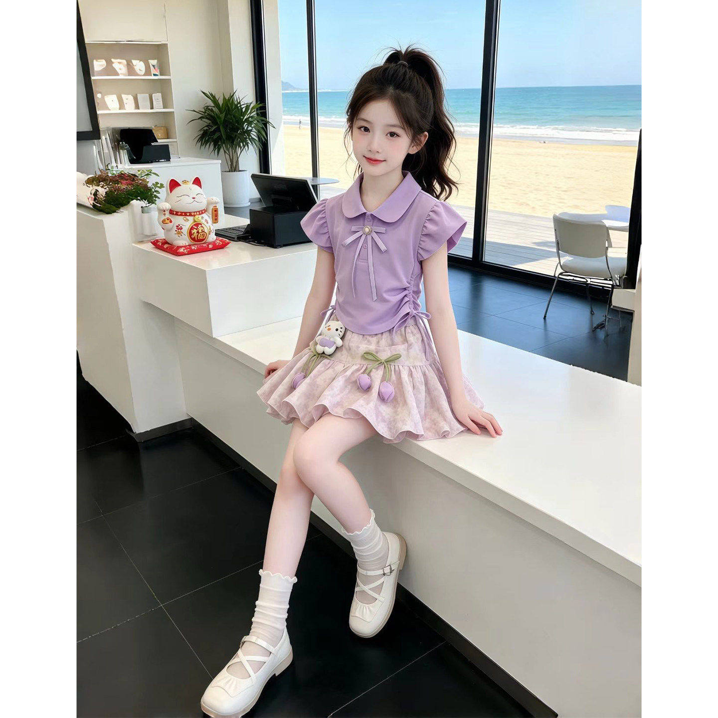 甜美风女童2026夏款套装女宝宝翻领蝴蝶结飞袖上衣短裙裤两件套