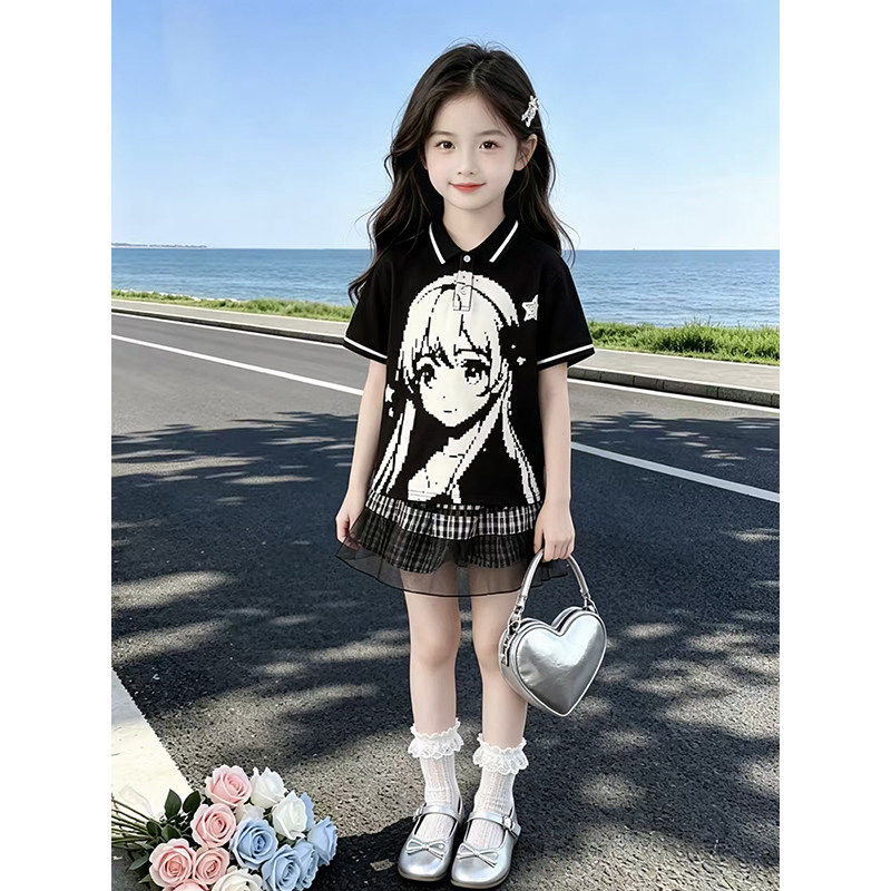 女童夏季套装2026新款儿童韩系动漫Polo衫夏装女孩蛋糕裙两件套