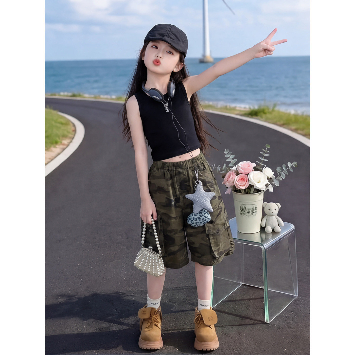 女童夏季无袖背心迷彩工装裤套装
