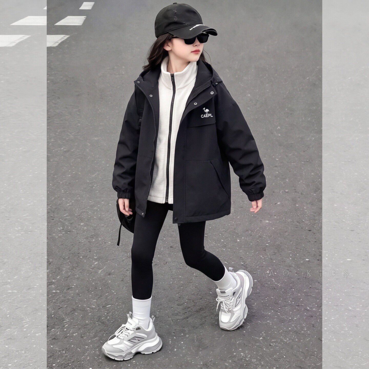 女童秋冬加厚连帽中长冲锋衣外套