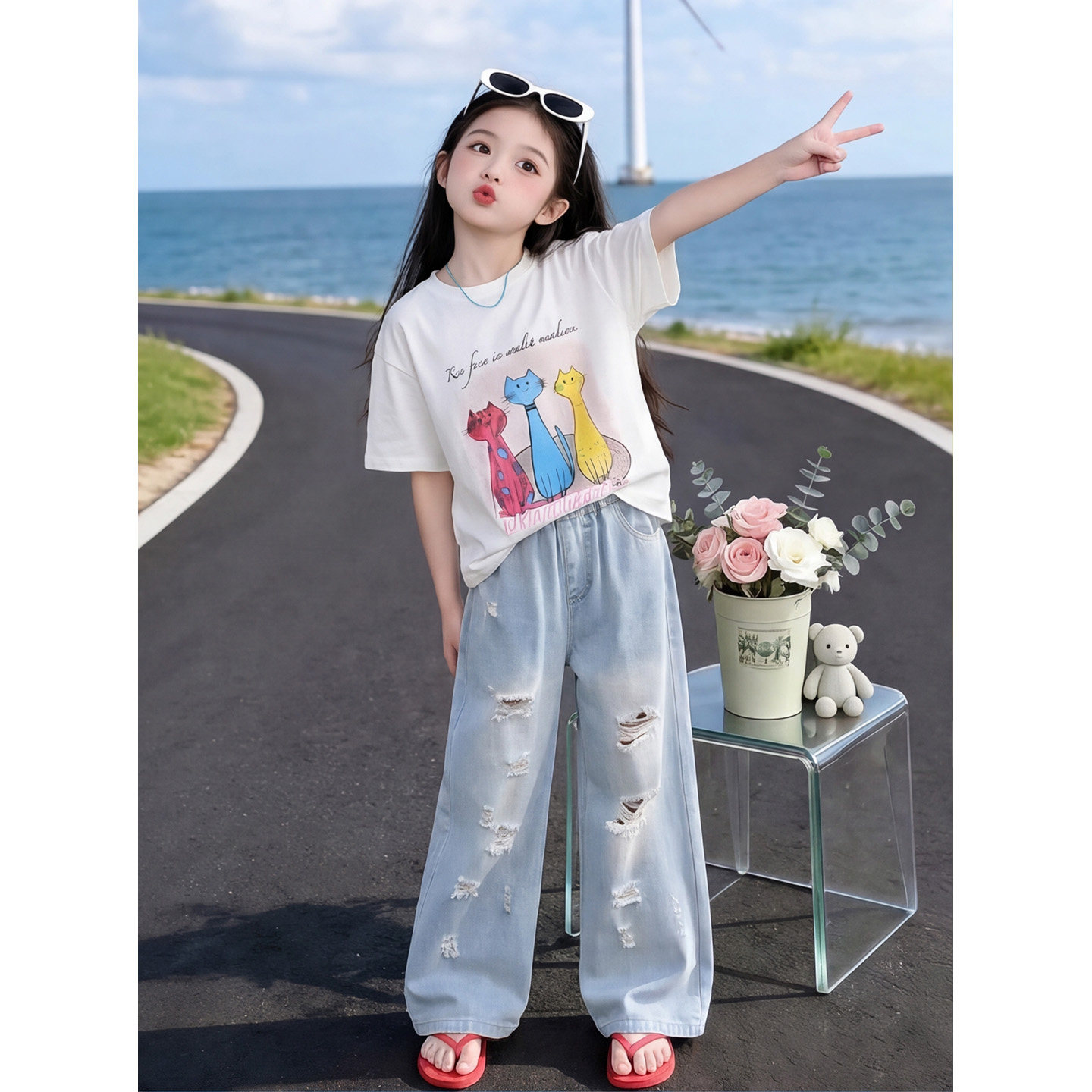 女大童薄款破洞牛仔裤套装儿童