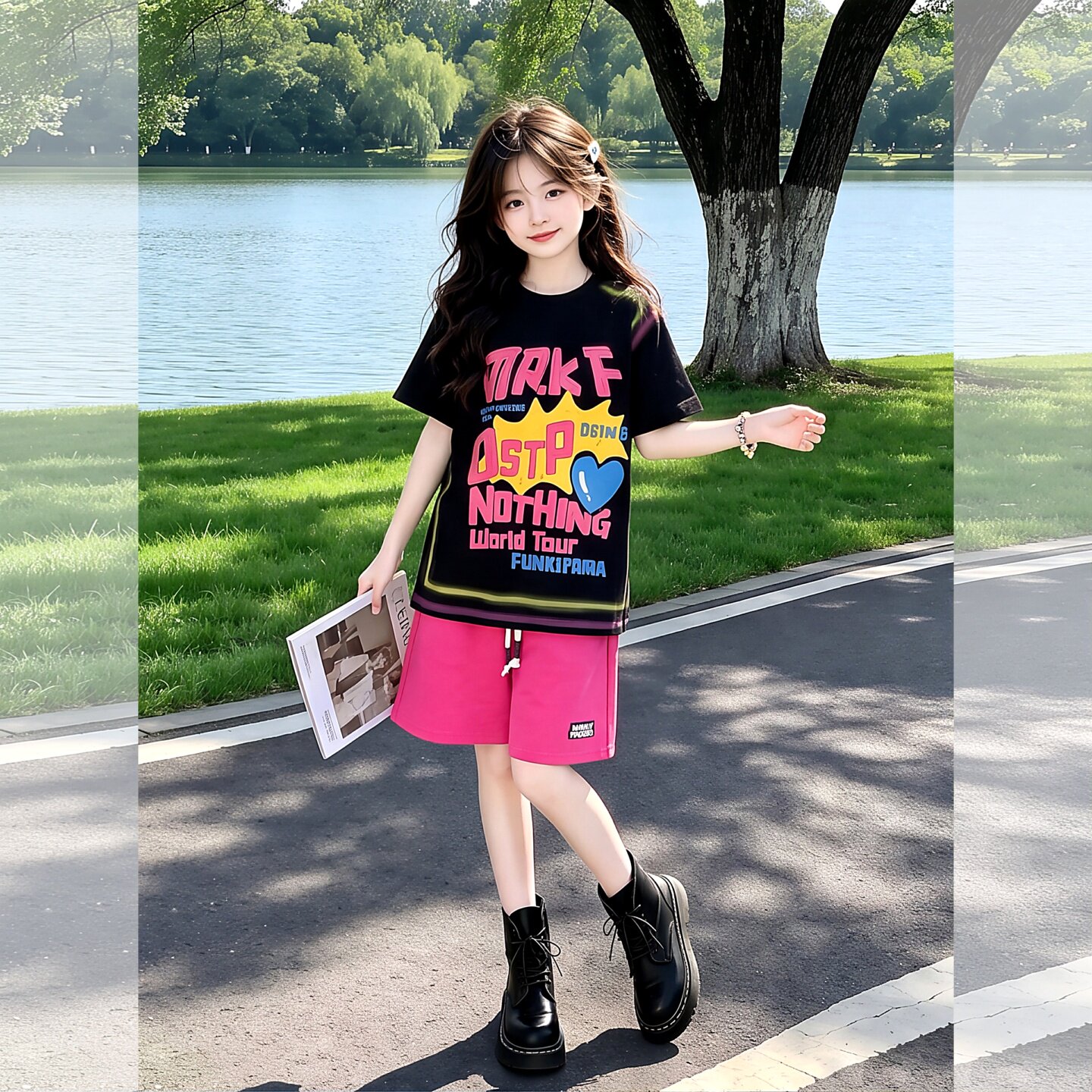 女童夏季嘻哈涂鸦字母喷色短袖多巴胺火龙果色休闲短裤运动套装潮
