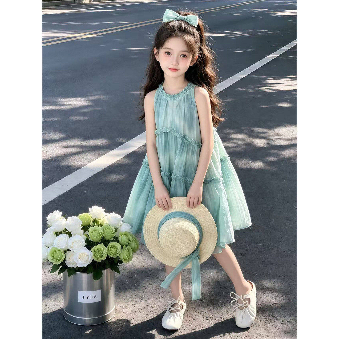 女童夏装巨好看无袖连衣裙2026新款女孩大童薄荷色公主裙儿童裙子