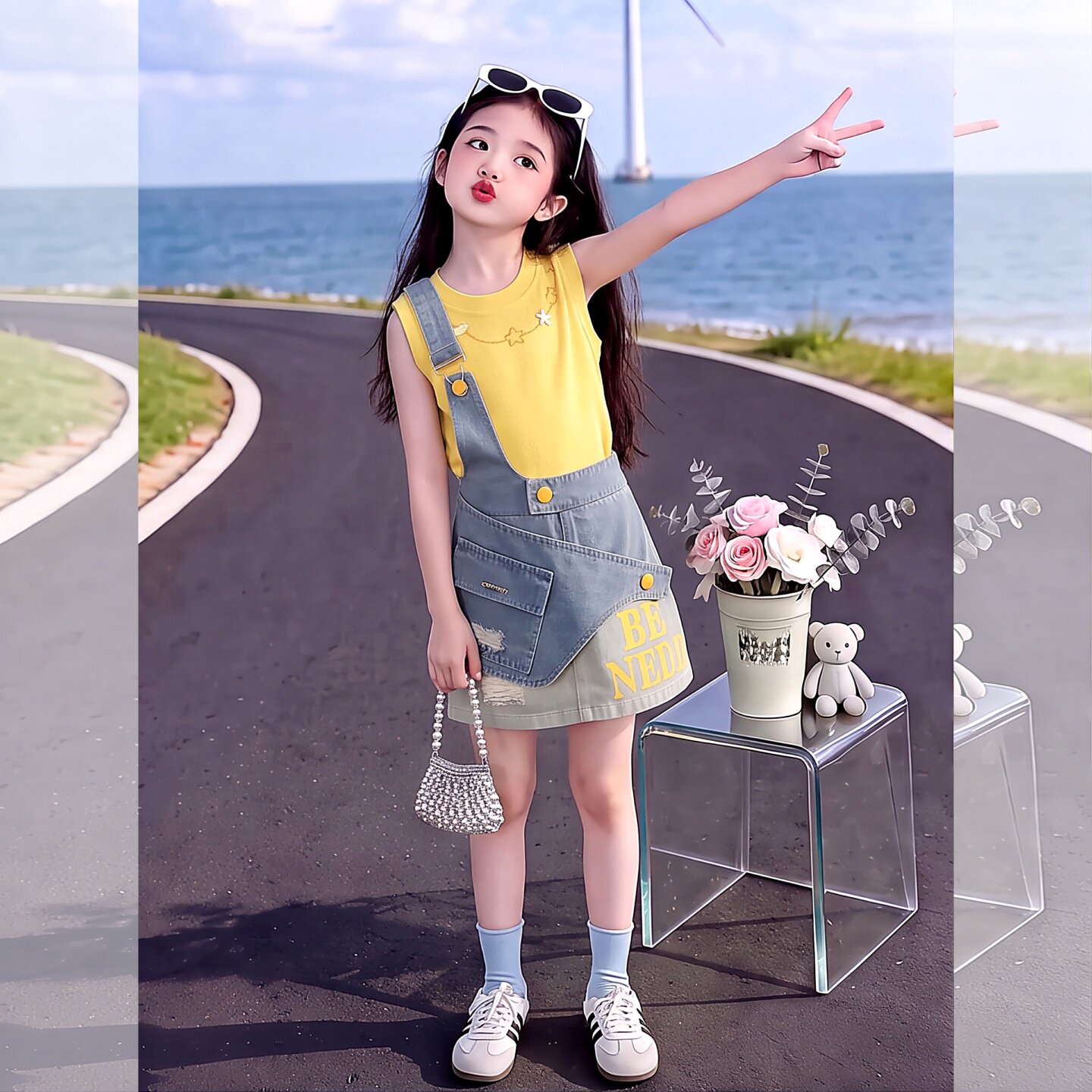 女童背心单肩牛仔短裙套装2026新