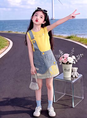 女童背心单肩牛仔短裙套装2026新