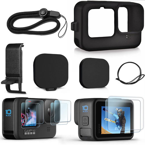适用GoPro13/12/11/10/9相机硅胶套钢化膜电池充电侧盖镜头盖套装