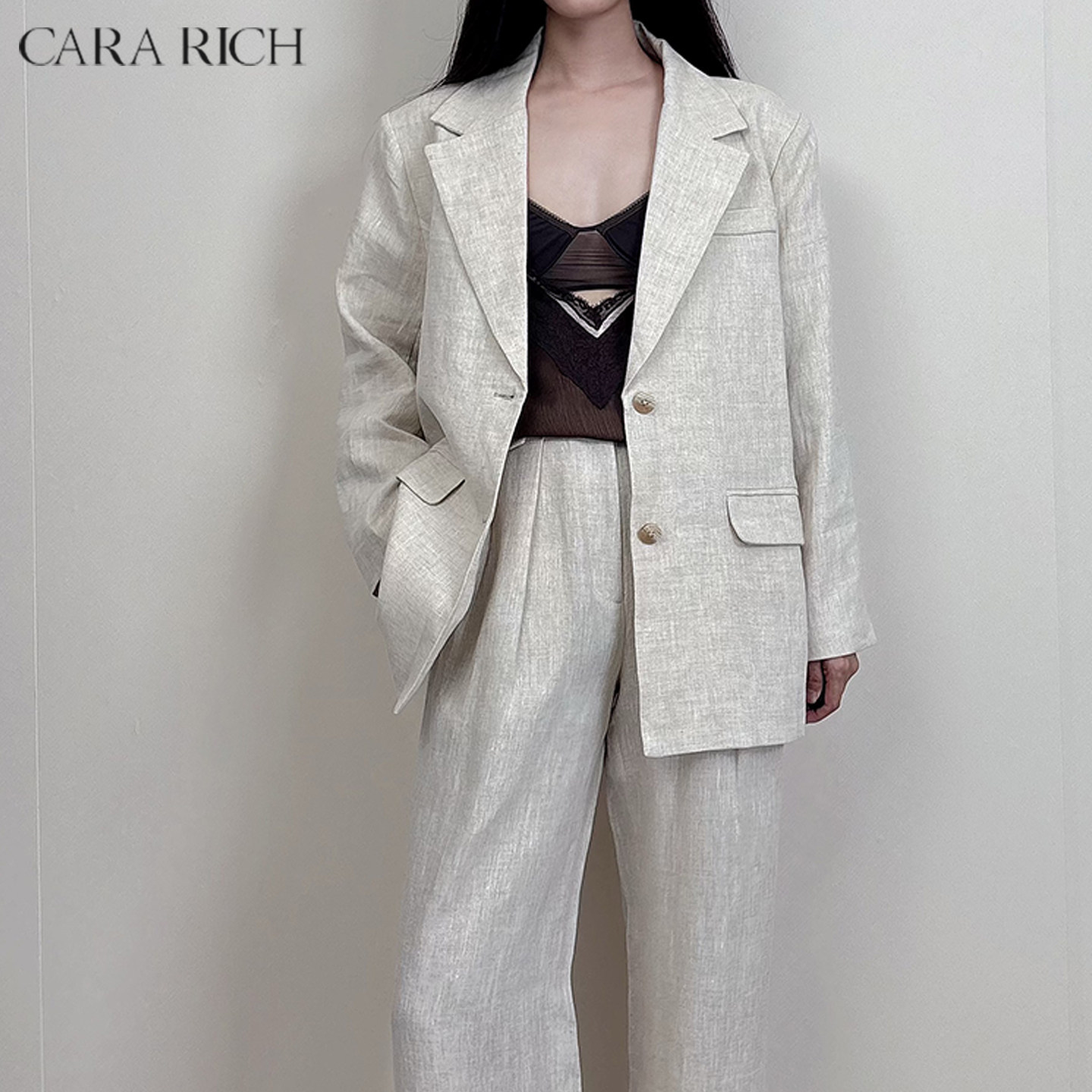 CARARICH亚麻西装外套2025秋季新款法式气质百搭宽松廓形宽肩西装