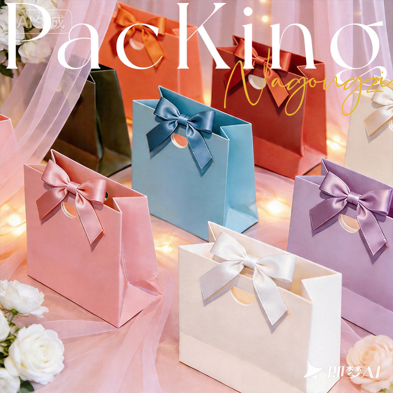 高端婚礼喜糖纸袋现货彩色蝴蝶结礼品袋白卡纸首饰袋喜糖袋logo