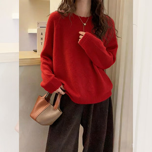 慵懒风圆领套头毛衣女款宽松休闲显瘦百搭针织衫新年红色春季新款