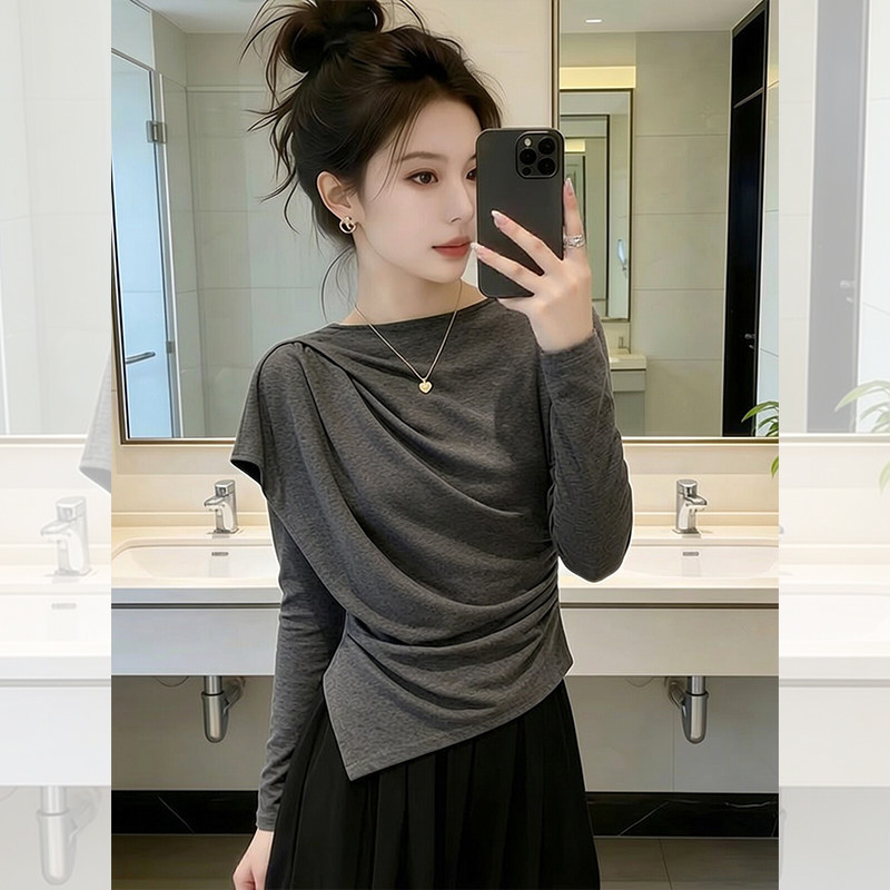 不规则下摆收腰圆领灰色上衣女