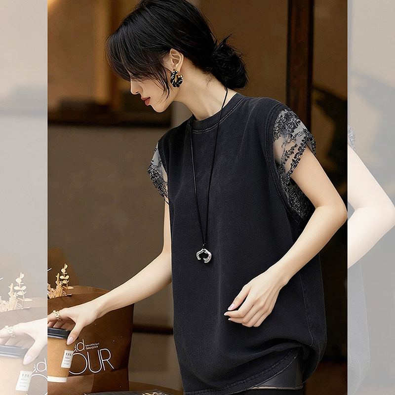 轻奢风黑色蕾丝拼接防晒T恤女