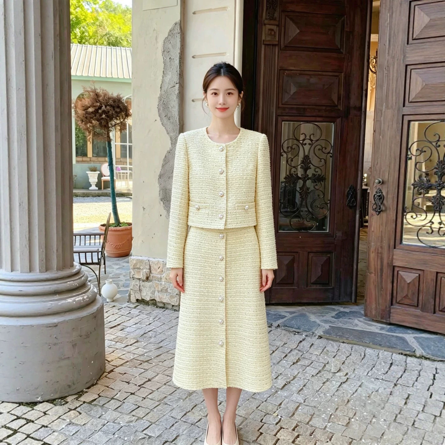 南油2026秋季亮丝粗花呢小香风套装女珍珠扣短外套+半身裙两件套