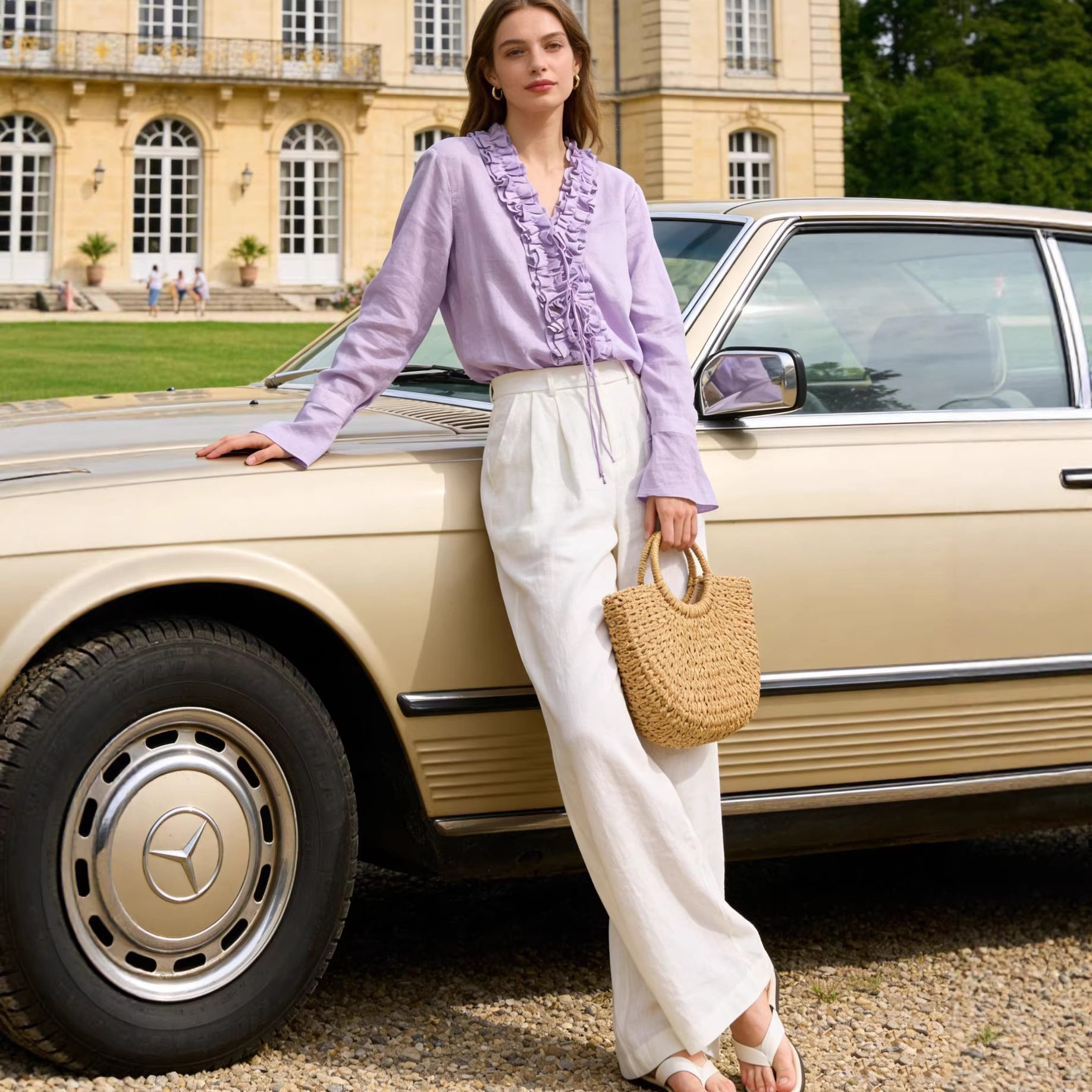 精细品质法式紫色风琴褶苎麻衬衫女2026春度假风宽松系带V领衬衣