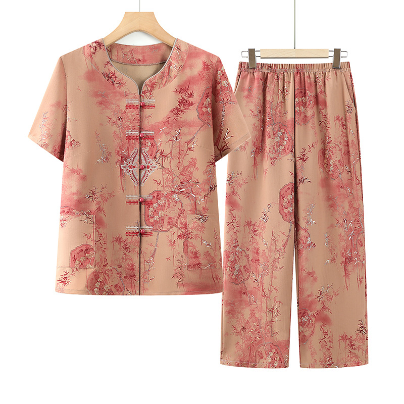夏装中短袖老太太衬衫裤子宽松衣服妈妈装奶奶夏款套装中老年人女