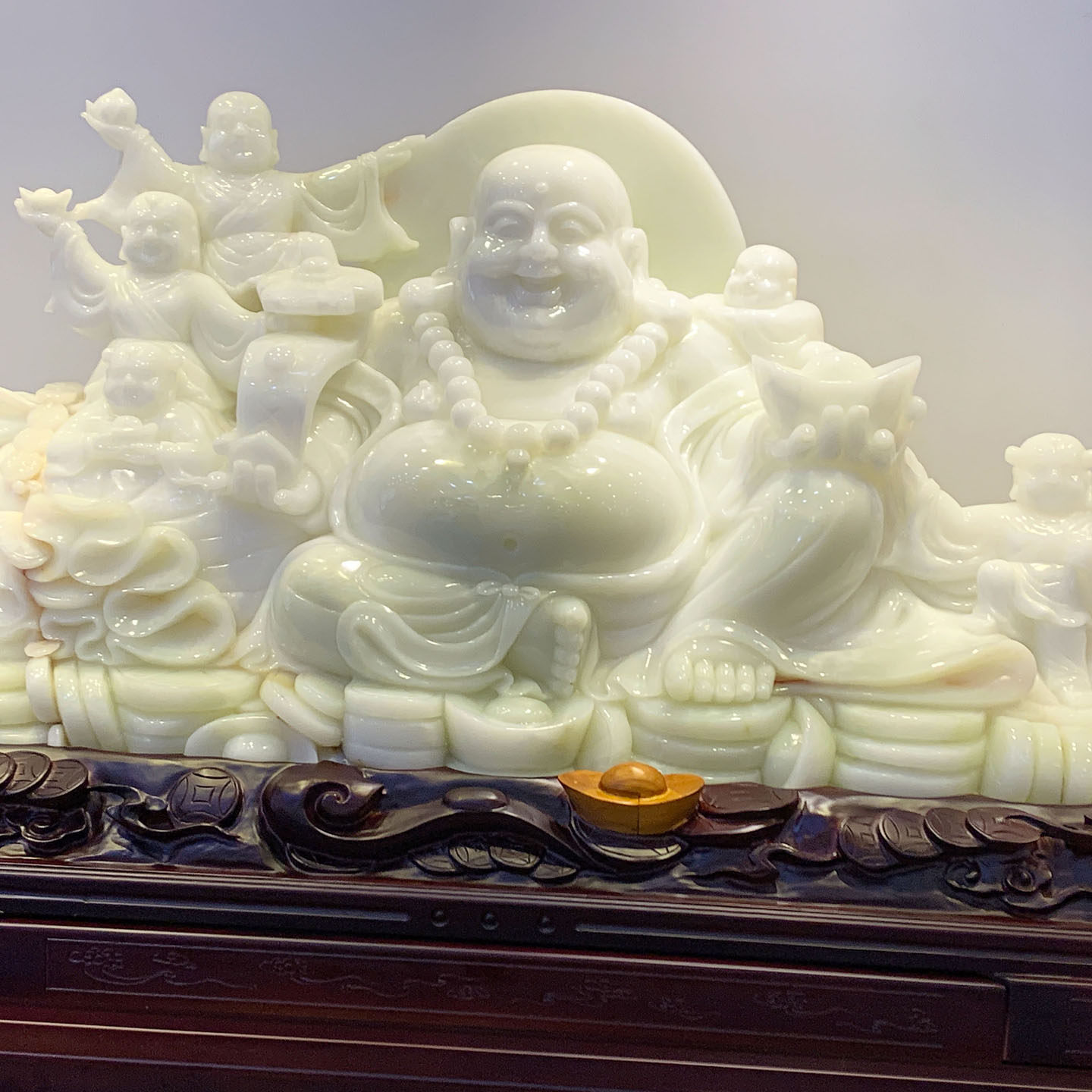 天然玉石雕件大型阿富汗玉大肚弥勒佛如意发财笑佛五子送福玉摆件