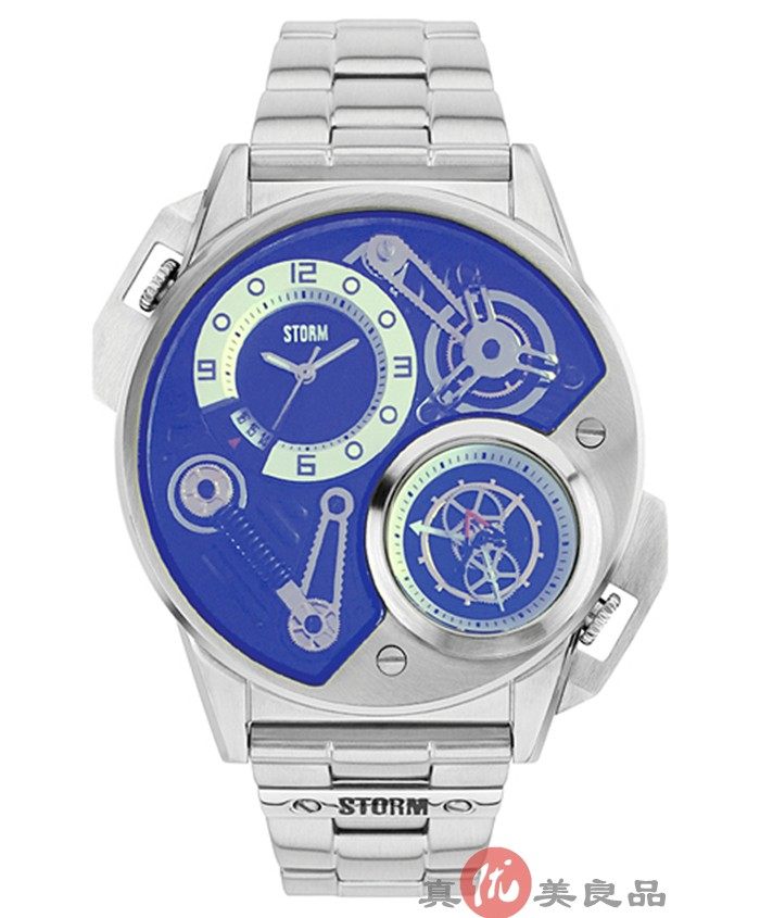 日本代购STORM LONDON男款朋克设计偏光镜面双表盘钢带潮人手表