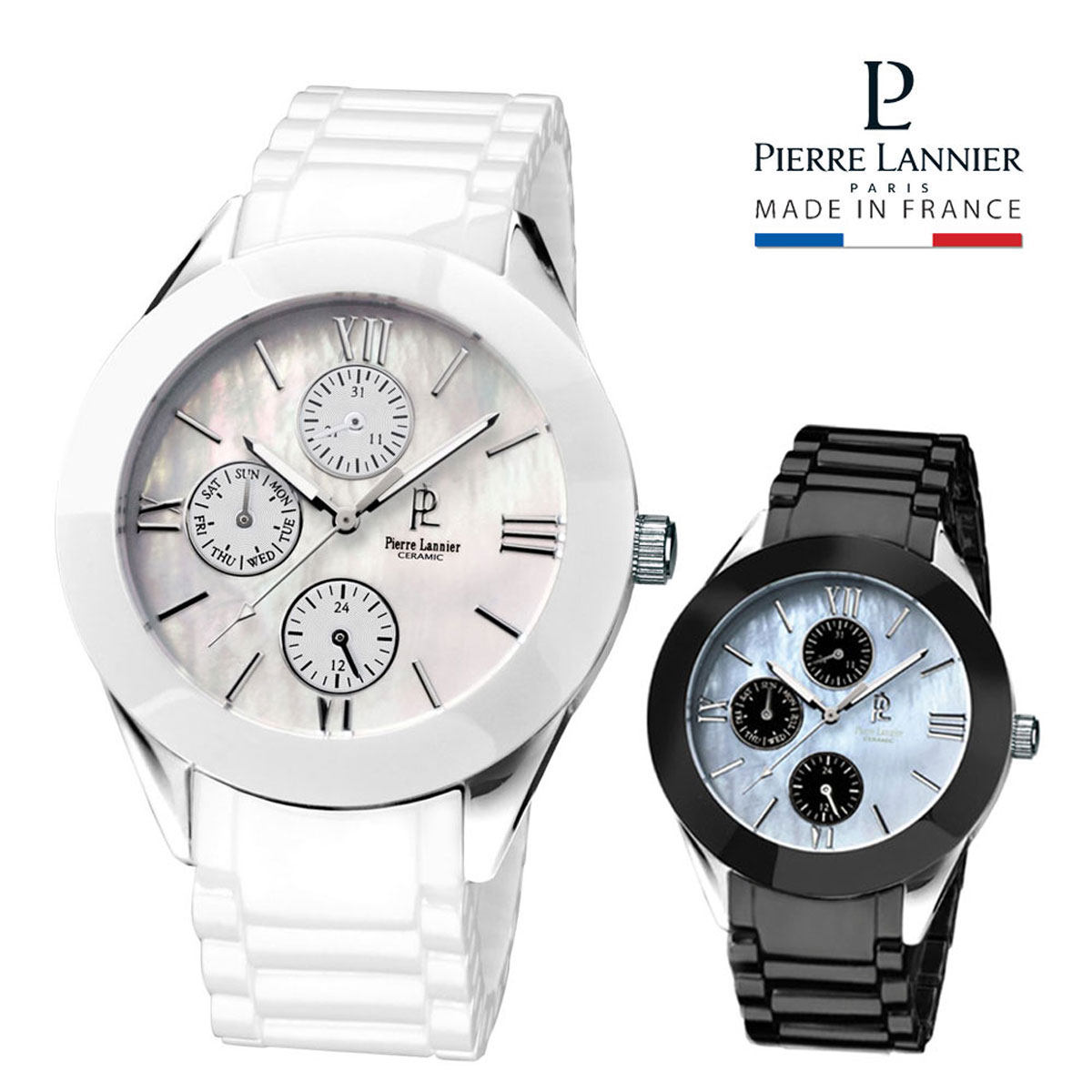 日本代购 pierre lannier 女士三眼贝壳表盘陶瓷表带石英手表