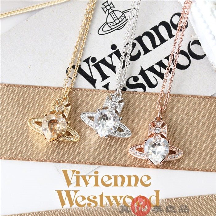 日本代购 vivienne westwood 女款土星镶大颗粒爱心水钻吊坠项链