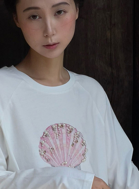 AcidPoire 早秋新款100纯棉 原创贝壳刺绣印花T恤宽松长袖上衣