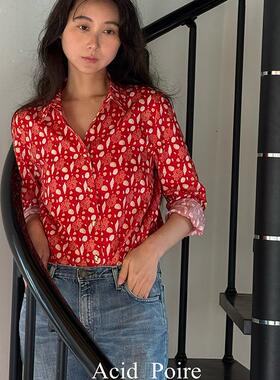 AcidPoire 2025春季新品原创设计复古红色贝壳海洋长袖衬衫衬衣女