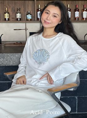 AcidPoire独家原创设计小美人鱼手绘贝壳珍珠水刺绣纯棉长袖女