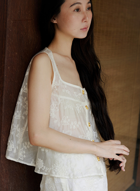 AcidPear2024 天丝浅云乳白新中式重工高档刺绣国风无袖背心女夏