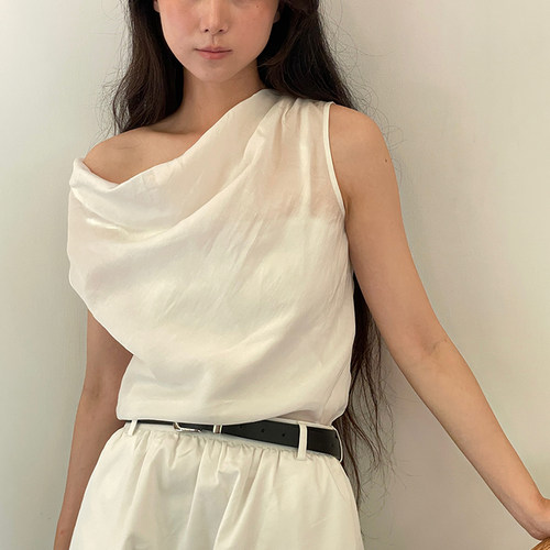 气质通勤夏日荡领天丝上衣女
