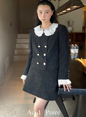 AcidPoire 蕾丝拼接花领小香风双排扣西装圆领秋季高级感外套女