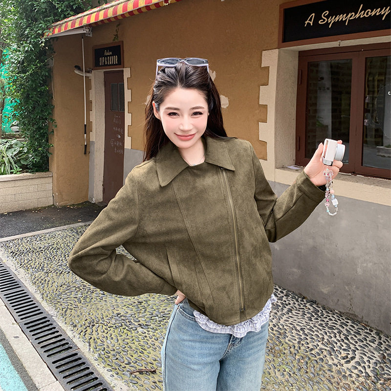小个子翻领麂皮绒外套女短款2026秋新款时尚洋气减龄显瘦机车夹克