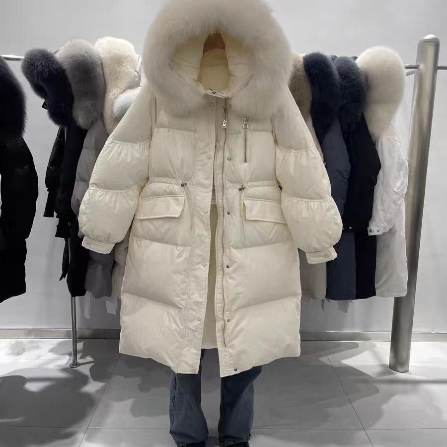 2025新款韩版冬羽绒服女中长款时尚收腰显瘦加厚白鸭绒真毛领外套