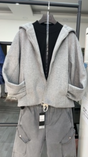 CRINS22FV羊毛纯色外套秋冬新款美式宽松连帽拉链卫衣男毛呢外套