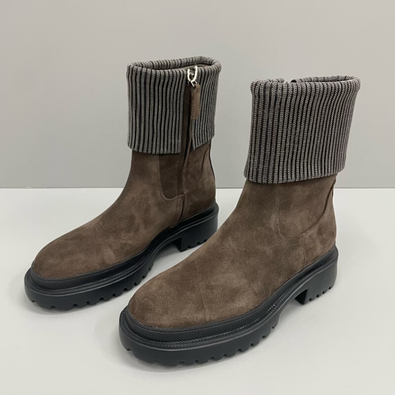 2025新款秋冬女切尔西短靴BC圆头厚底真皮休闲时尚珠链靴巨好看