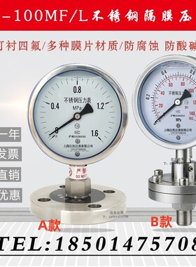 YTP-100ML MF 不锈钢隔膜压力表 膜片表 法兰隔膜表 衬四氟耐腐蚀