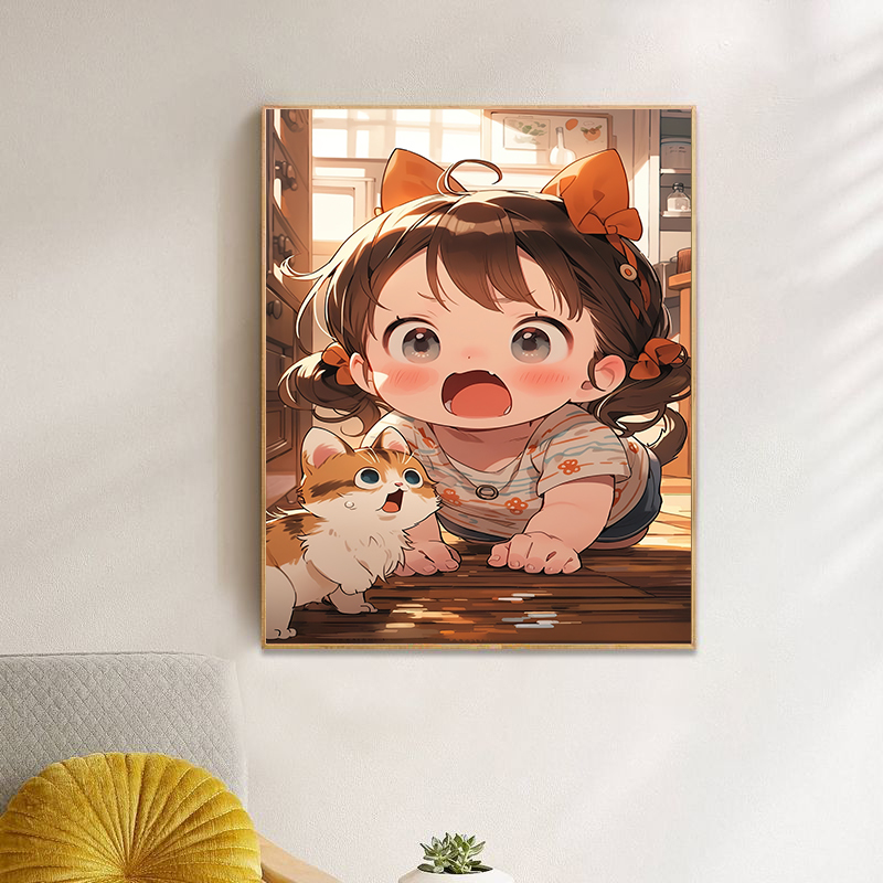 现代简约治愈女孩猫咪可爱人物卧室挂画儿童房装饰画北欧客厅壁画图片