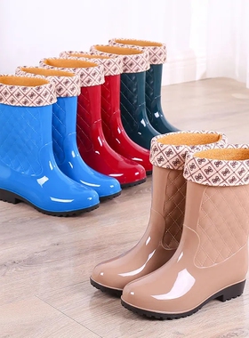 新款中筒加绒雨鞋雨靴防水鞋胶鞋套鞋水靴女时尚成人防滑高筒雨鞋