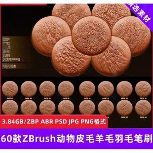 60款ZBrush动物毛发表皮鸟类禽类兽类羽毛绒毛毛发细节Zb雕刻笔刷