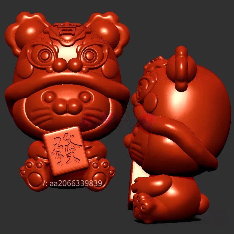 醒狮海豹猫發麻将发三维立体图圆雕图stl文件雕刻机3d模型3966