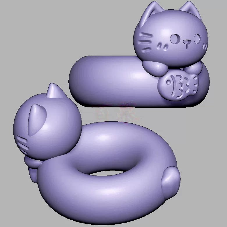 小猫吃鱼游泳圈小鱼三维立体图圆雕图STL文件雕刻机3D模型3521