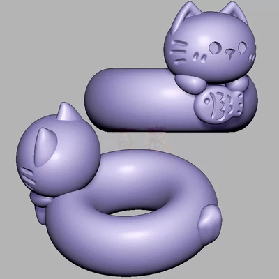 小猫吃鱼游泳圈小鱼三维立体图圆雕图STL文件雕刻机3D模型3521