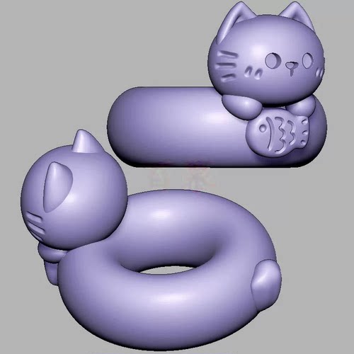 小猫吃鱼游泳圈小鱼三维立体图圆雕图STL文件雕刻机3D模型3521