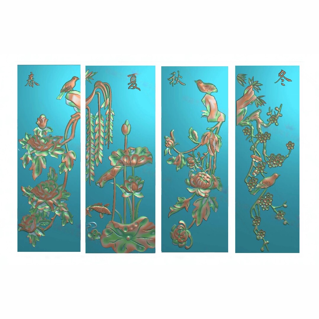 精雕图四季花鸟竖春夏秋冬板梅花荷花菊花大门板竖屏浮雕s3977