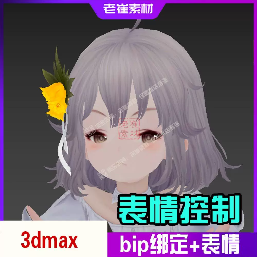 3dmax角色模型带bip骨骼绑定 表情动画控制器 二次元女孩人物素材