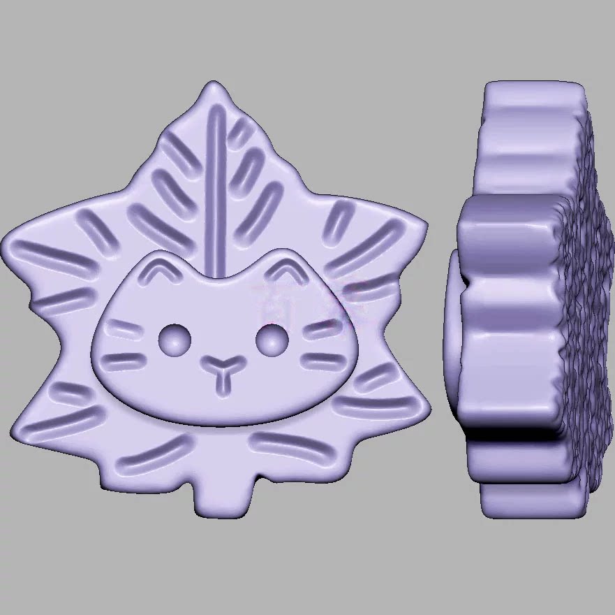 枫叶叶子猫饼干三维立体图圆雕图雕刻机STL文件雕刻3D模型3611