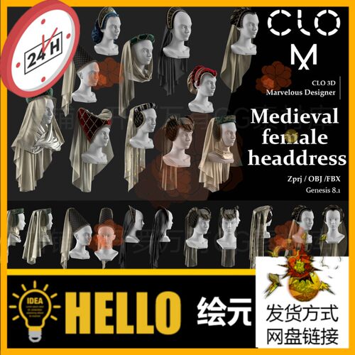 MD衣服装素材Clo3D中世纪女性珠宝头饰头巾皇冠帽子配饰3D模型FBX
