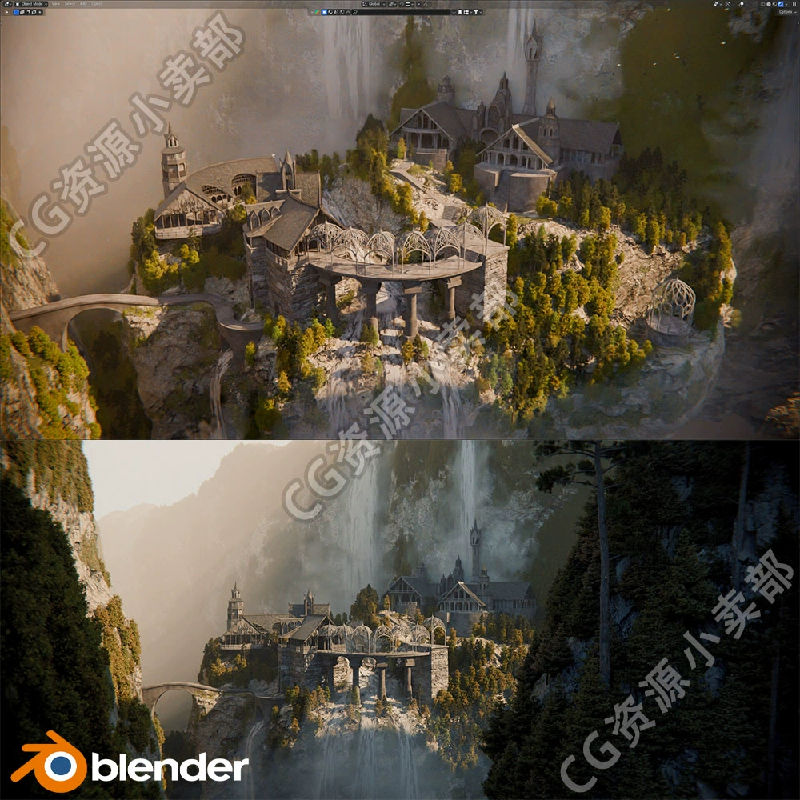 blender4魔幻城堡山谷中世纪动画场景工程3d模型源文件+制作视频
