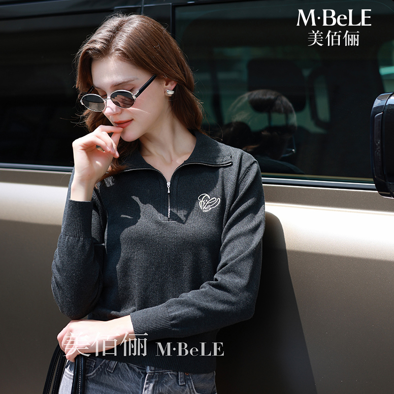 美佰俪复古半拉链翻领卫衣女2025秋季新款天丝休闲气质显瘦针织衫