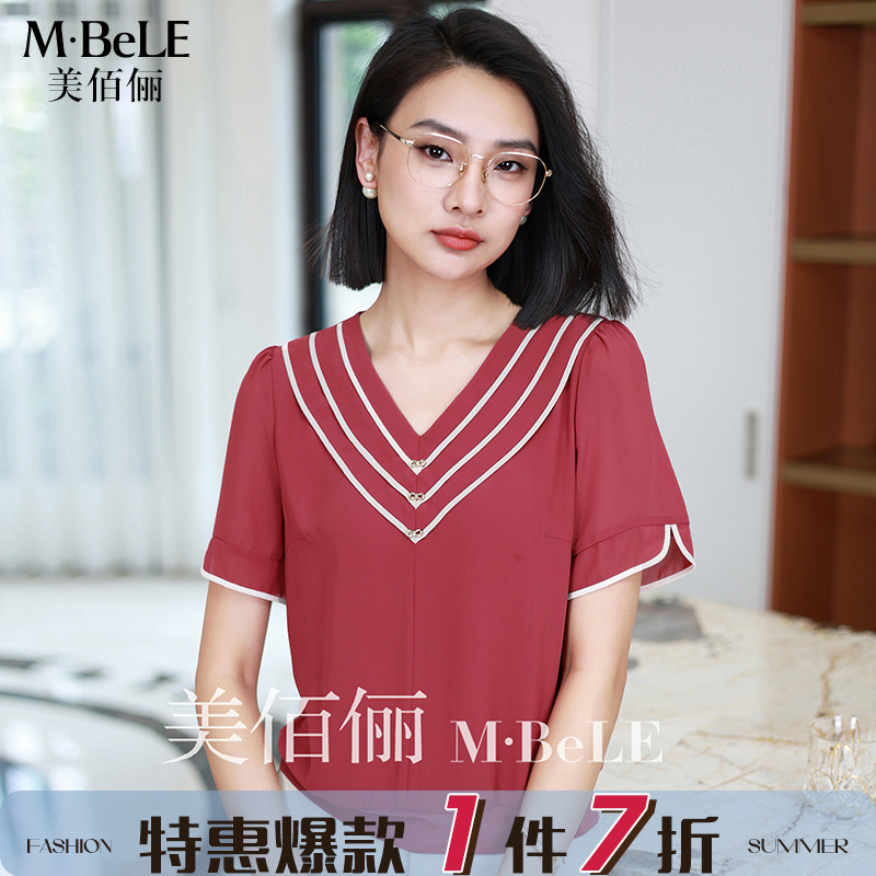 美佰俪雪纺衫女短袖上衣夏季2024新款宽松V领短款t恤时尚洋气小衫