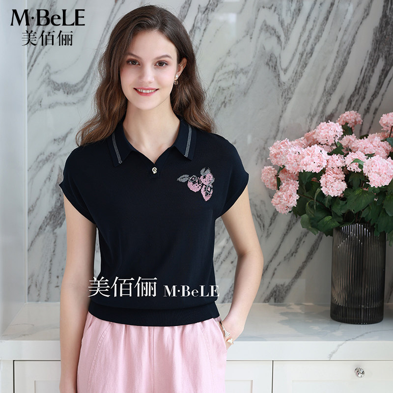 美佰俪天丝莱赛尔针织T恤衫女2026夏季翻领宽松显瘦薄款妈妈上衣